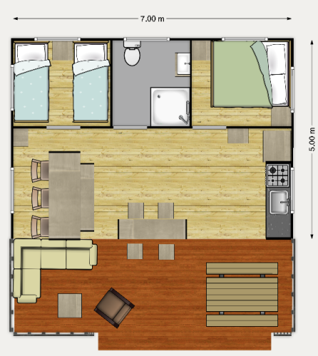 Plano de la tienda safari Ranger Lodge en Recreation Park Den Blanken, Países Bajos, con zonas de estar y dormitorios.