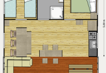 Plantegning af Ranger Lodge safaritelten i Recreation Park Den Blanken, Holland, med opholds- og soveområder.