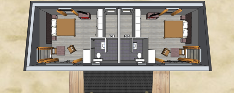 Top view of Comfort Lodge tiny house at Kompas Camping - Westende, Belgium, featuring two bedrooms.