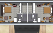 Bovenaanzicht van Comfort Lodge tiny house bij Kompas Camping - Westende in België, met twee slaapkamers.