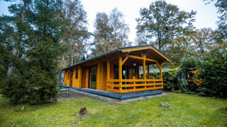 Cabaña de madera Wellness Lodge en Buitencentrum Hessenheem, Países Bajos, rodeada de bosque.
