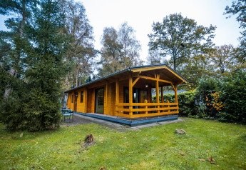 Wooden Wellness Lodge at Buitencentrum Hessenheem in the Netherlands, surrounded by trees and lawn.