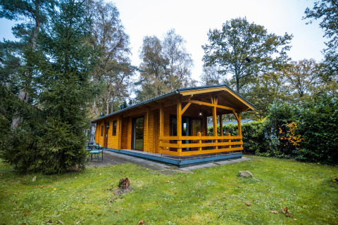 Cabaña de madera Wellness Lodge en Buitencentrum Hessenheem, Países Bajos, rodeada de bosque.