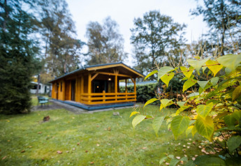 Wellness lodge in Buitencentrum Hessenheem, Nederland, met tuin en bomen rondom het houten huisje.