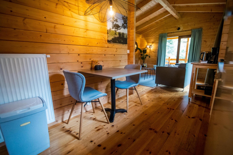 Innenraum der Wellness Lodge im Buitencentrum Hessenheem, Niederlande, mit Holzwänden und gemütlichem Stil.