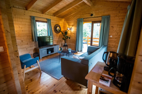 Salon en bois d’un lodge bien-être avec canapé, TV et cafetière à Buitencentrum Hessenheem, Pays-Bas.