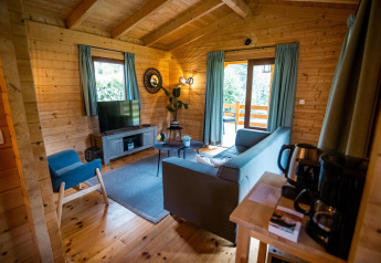 Wohnbereich einer hölzernen Wellness-Lodge mit Sofa, TV und Kaffeemaschine in Buitencentrum Hessenheem, Niederlande.