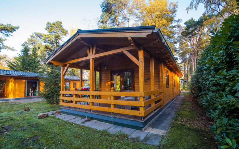 Wellness-Lodge im Buitencentrum Hessenheem in den Niederlanden, umgeben von Wäldern, mit Holzveranda.