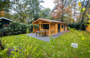 Lodge wellness en Buitencentrum Hessenheem, Países Bajos, cabaña de madera rodeada de naturaleza y paz.