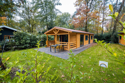 Wellness lodge al Buitencentrum Hessenheem nei Paesi Bassi, rifugio in legno immerso nel verde tranquillo.