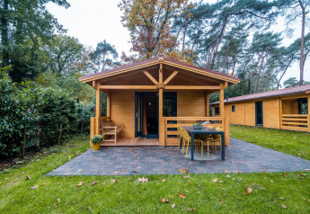 Wellness lodge at Buitencentrum Hessenheem in the Netherlands, wooden cabin with patio in a forest setting.