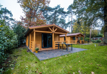 Lodge wellness in legno al Buitencentrum Hessenheem nei Paesi Bassi, circondato da alberi e prato verde.