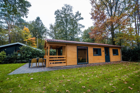 Atractiva cabaña wellness en Buitencentrum Hessenheem, Países Bajos, rodeada de árboles y vegetación.