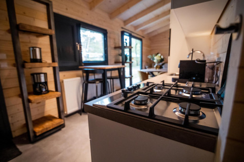 Moderne keuken met gasfornuis in Wellness Lodge bij Buitencentrum Hessenheem, Nederland.