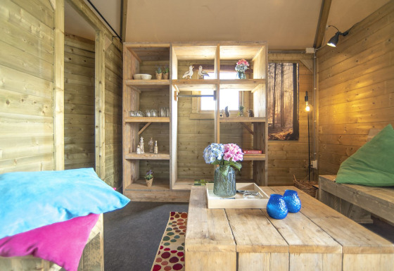 Acogedor interior de la Dune house en Marina Parcs Almere, Países Bajos, con decoración de madera y flores.