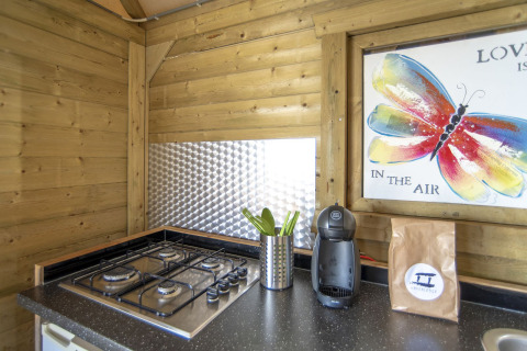 Cocina en Dune House, Marina Parcs Almere, con hornilla, cafetera y colorido cuadro de mariposa en la pared.