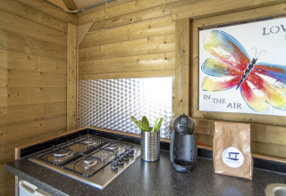 Coin cuisine au Dune House, Marina Parcs Almere, avec cuisinière, cafetière et tableau de papillon coloré.