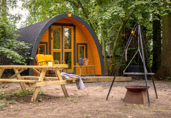 Gemütliches Tiny House mit gelber Fassade und Sitzbank im Grünen, Boshuys Ultra Wellness in den Niederlanden.