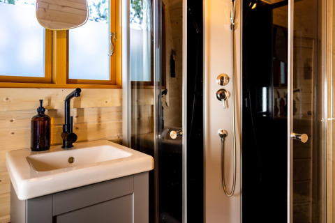 Moderne badeværelse i tiny house Boshuys Ultra Wellness med vask, spejl og brusekabine, Buitengoed Ruysbos.