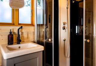 Modern bathroom in the Boshuys Ultra Wellness tiny house featuring sink, mirror, and shower, Buitengoed Ruysbos.