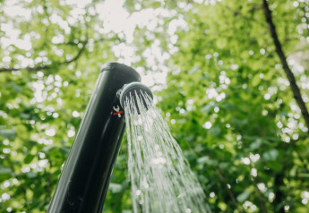 Ducha al aire libre con agua en Boshuys Ultra Wellness, Buitengoed Ruysbos, Países Bajos, rodeado de árboles