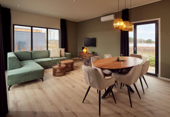 Moderne opholdsstue i Holiday villa Amalia 6 + sauna på Hofparken De Bergvennen, med grøn sofa og spisebord.