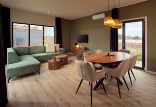 Moderne woonkamer met eethoek in Holiday villa Amalia 6 + sauna bij Hofparken De Bergvennen, Nederland.