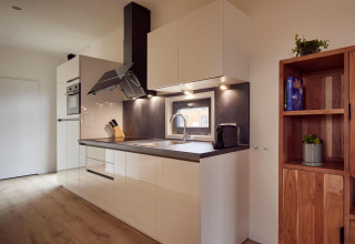 Interior de cocina moderna en la villa vacacional Amalia 6 + sauna en Hofparken De Bergvennen, Países Bajos.