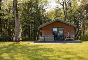 Børn leger foran en Safarilodge på Camping de Noetselerberg i Holland med skov i baggrunden.