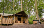 Safari tent at Glamphuys, Buitengoed Ruysbos in the Netherlands, set amidst tall trees with a cozy deck.