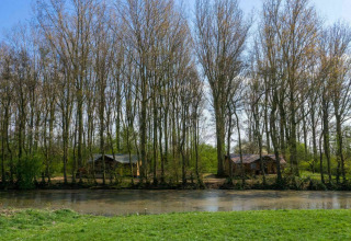 Udsigt over floden til safari-telte i skoven ved Glamphuys, Buitengoed Ruysbos, Holland, på en solrig dag.