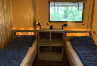 Twee eenpersoonsbedden met blauwe slaapzakken, plank ertussen en raam met boszicht in Glamphuys tent.