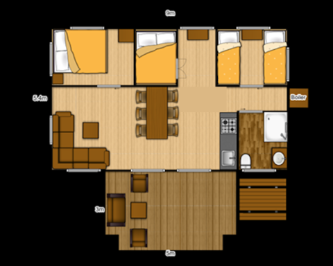 Plano de la tienda safari Glamphuys Ultra Wellness en Buitengoed Ruysbos, Países Bajos, con tres dormitorios.