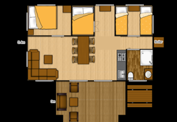 Plano de la tienda safari Glamphuys Ultra Wellness en Buitengoed Ruysbos, Países Bajos, con tres dormitorios.