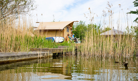 Tienda safari en Marina Parcs Almere, Países Bajos, rodeada de juncos y agua, personas relajándose afuera.