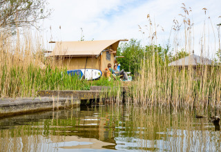 Tienda safari en Marina Parcs Almere, Países Bajos, rodeada de juncos y agua, personas relajándose afuera.