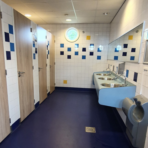 Bagno moderno in un alloggio glamping con pavimento blu, tre cabine, lavandini e specchio.