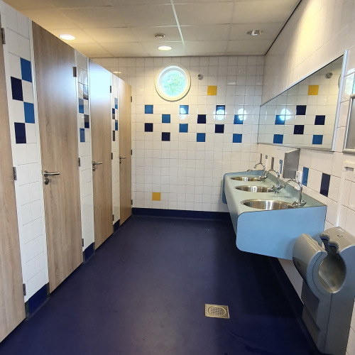 Baño moderno en alojamiento glamping con suelo azul, tres cabinas, lavabos y espejo grande.