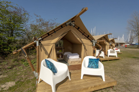 Tienda safari en Marina Parcs Almere, Países Bajos, con sillas blancas y cojines azules en terraza.