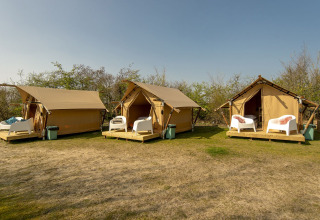 Tre safari telte med stole udenfor ved Marina Parcs Almere, Holland, på en solrig dag med blå himmel.