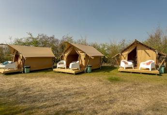 Three safari tents with outdoor chairs at Marina Parcs Almere, Netherlands, on a sunny day with clear sky.