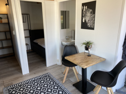 Modern lodge interior at Chalets at Marina Parcs Almere featuring dining table, black chairs, and zebra wall art.