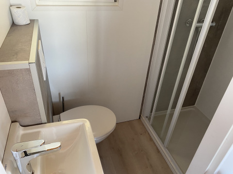 Lille badeværelse i Chalets at Marina Parcs Almere med toilet, håndvask og bruseniche, Holland.