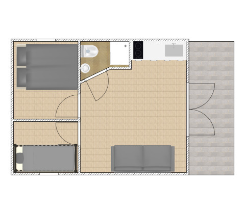 Plano de una cabaña en Chalets at Marina Parcs Almere con sala de estar, cocina, baño y dos dormitorios.