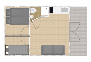 Floor plan of a chalet at Chalets at Marina Parcs Almere, featuring living area, kitchen, bathroom, and two bedrooms.