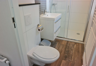 Modern bathroom with toilet, sink, and shower at Forest park chalet 8p, Holiday park De Kleine Belties, Netherlands.