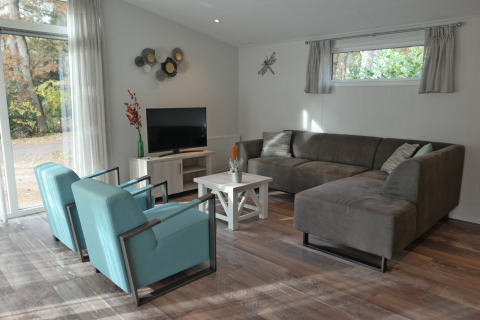 Bright living room at Forest park chalet 8p, Holiday park De Kleine Belties, Netherlands with large windows.