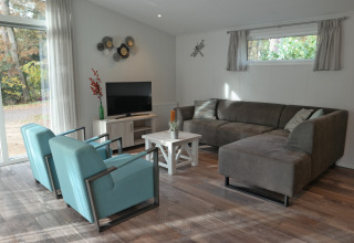 Lys og moderne stue i Forest park chalet 8p, Holiday park De Kleine Belties, Nederlandene med store vinduer.