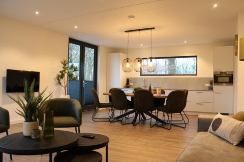 Sala de estar y cocina modernas en Forest Cube, Holiday Park BreeBronne, Países Bajos, con luz natural.