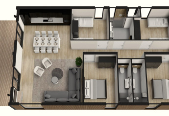 3D-Grundriss der Forest Cube Lodge im Holiday Park BreeBronne mit moderner Einrichtung und vier Schlafzimmern.